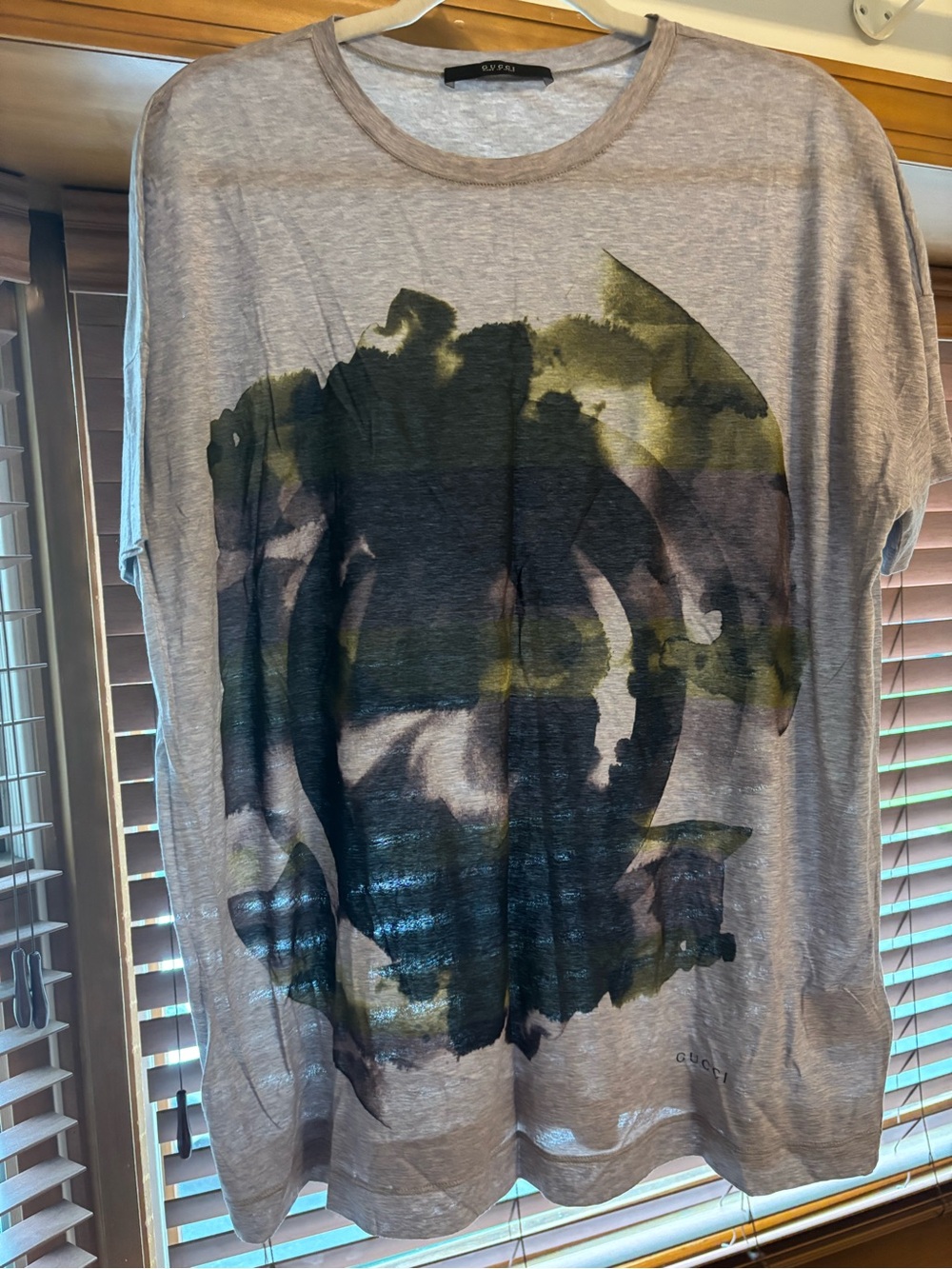 Gucci Gray Short-Sleeve Tee with Black and Olive Graphic